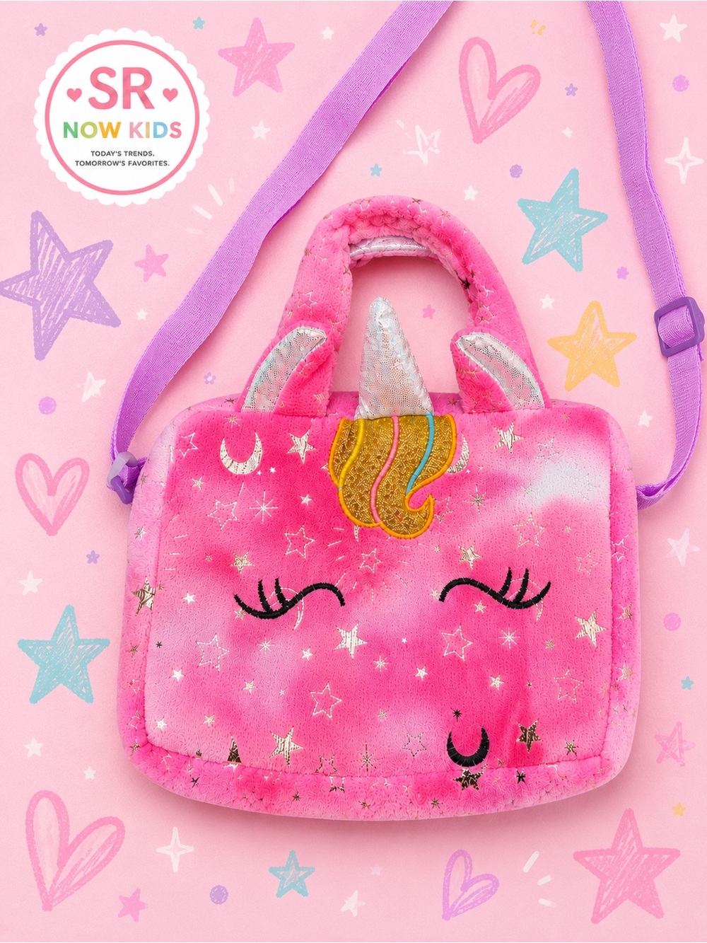 Unicorn Velvet Plush Shoulder Bag Pink Embroidered Kids Purse Zip Top Adjustable